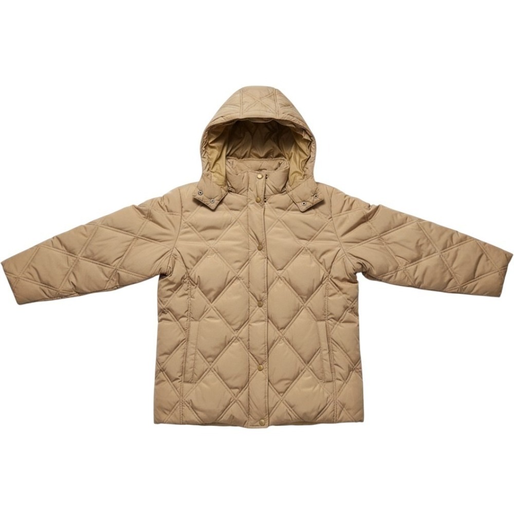 Lands End Tan Quilted Puffer Jacket with Detachable Hood Petite Large 14-16